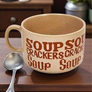 Vintage 1970s Soup & Crackers Mug Japan Stoneware Retro Bowl Orange Cottage